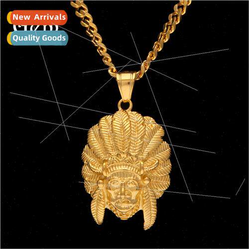 Hip Hop Indian Division Chief Head Feather Pendant Men Neckl