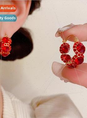 Carbuncle diamond-set red zirconia earrings female niche cir