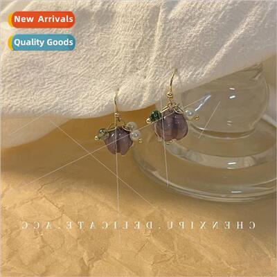 Purple Glazed Lotus Earrings French Vintage Water ly Handmad