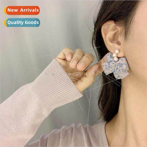Floral fabric bow earrings vintage pearl gentle purple oil p