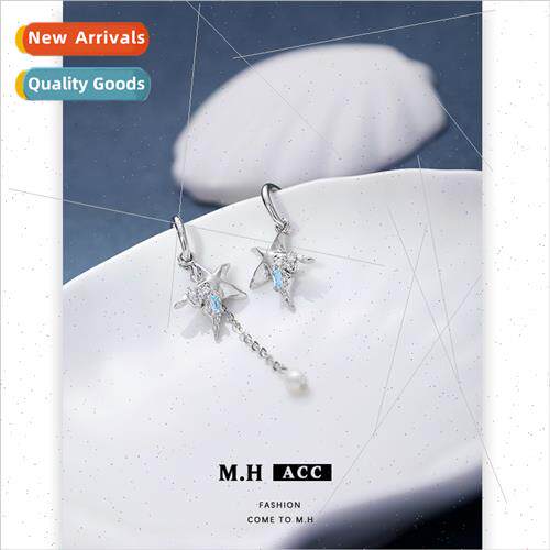 Starfish asymmetrical earrings female tassel 925 silver pin