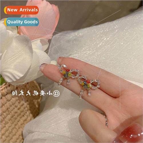 Small colorful cute beads sweet bow 925 silver rhinestone ea