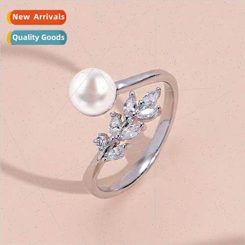 Korea Fashion Zirconia Leaf Pearl Ring Female che lver Cold