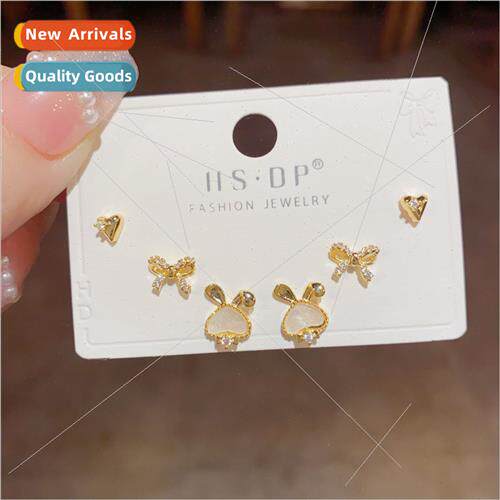 Cute rabb head bow earrings combination female s925 silver p
