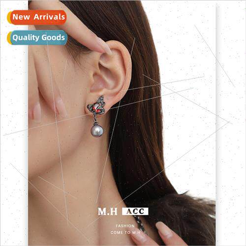 Dark Butterfly Gray Pearl Earrings Spice Girls Hip Hop 925 l