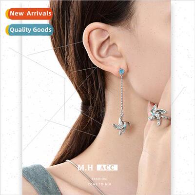 Blue zirconia small windmill earrings female asymmetric wind