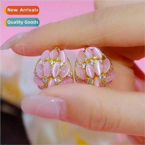 Korea pink cat eye stone new flower basket earrings match ea
