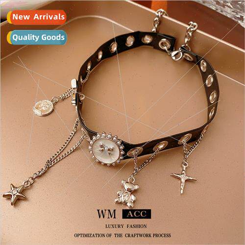 Leather oil drip pearl bow star tassel necklace wh collarbon