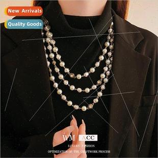 Diamond Irregular Pearls Long Necklace French Vintage Chain