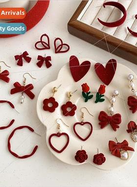 Red color silver pin flocked tulip bow earrings fashion retr