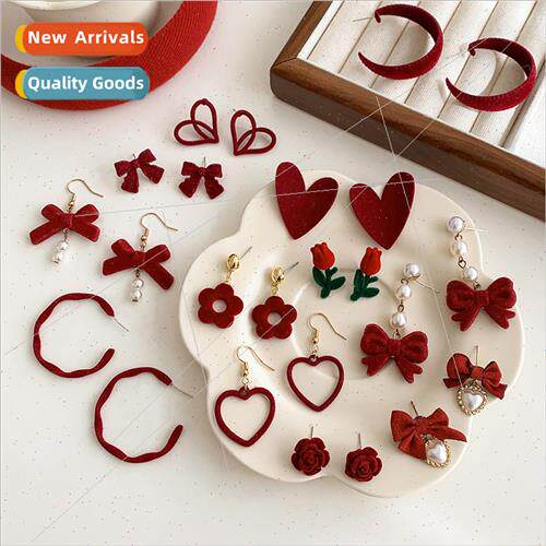 Red color silver pin flocked tulip bow earrings fashion retr