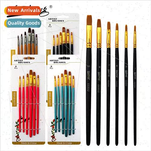 6 wooden rod flat head paint brush set acrylic brush gouache