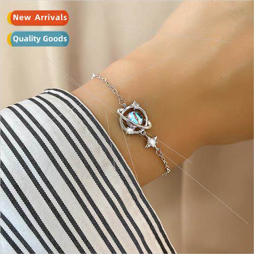 Sparkling Diamonds Around Planet Moonstone Bracelet Adjustab