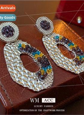 lver pin pleated openwork geometric crystal earrings Europe