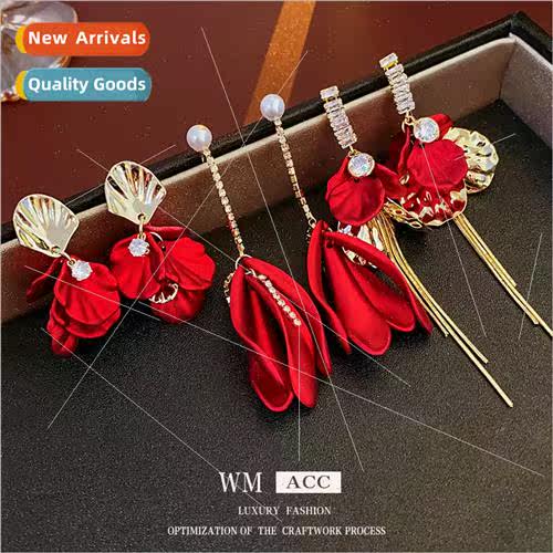 silver pin zirconia red flower earrings elegant earrings fem