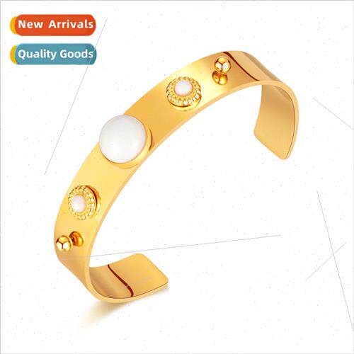 Inlaid whe jade stone stainless steel bracelet women