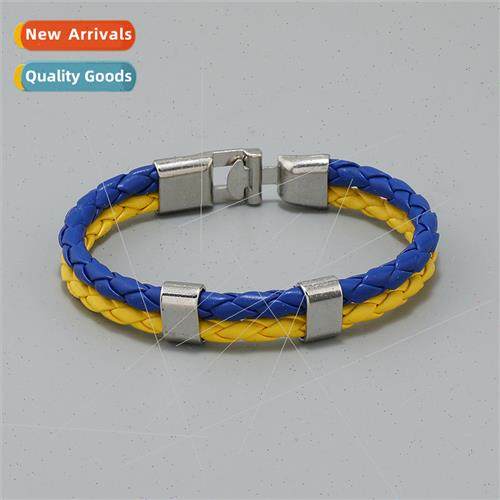Blue Yellow Multi Layered Woven Leather Bracelet Ukrainian F