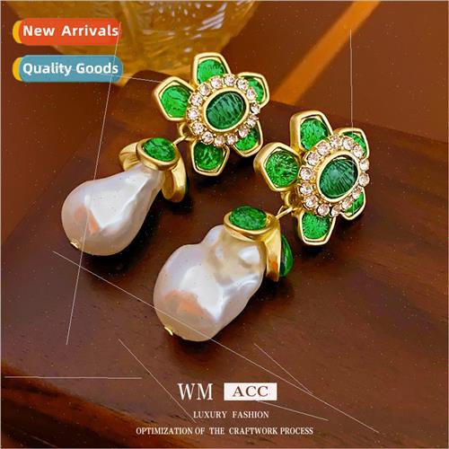 Earrings silver pin wh diamonds green flowers pearl earrings