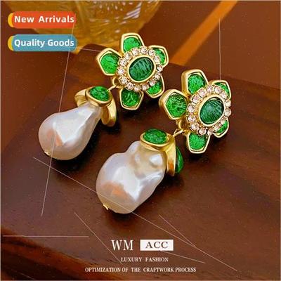 Earrings silver pin wh diamonds green flowers pearl earrings