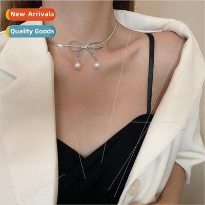 Korea bow tie collarbone chain sense pearl pendant 2021 summ