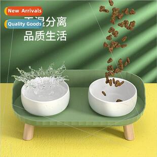 Double Ceramic Cat Bowl Neck Protection Black Chin Tall Pet