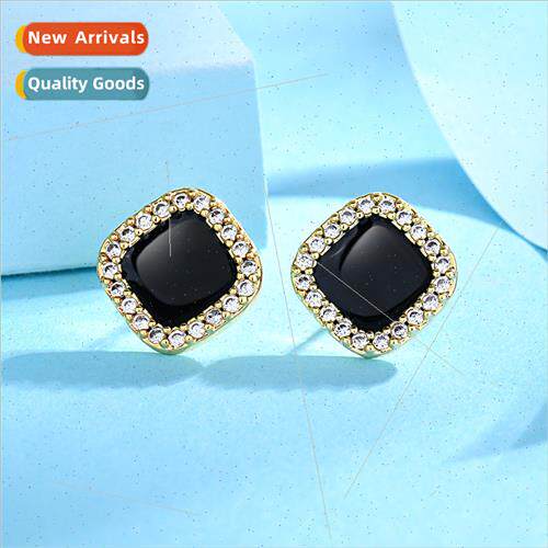 Korea s925 silver needle zirconia geometric black red earrin
