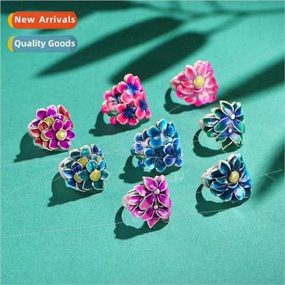 Enamel burnt blue flower ring female peach blossom lotus osm