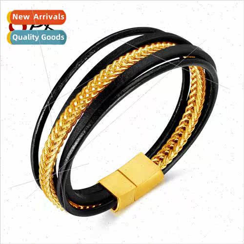 Vintage leather hjewelry nd stainless steel multi-layer leat