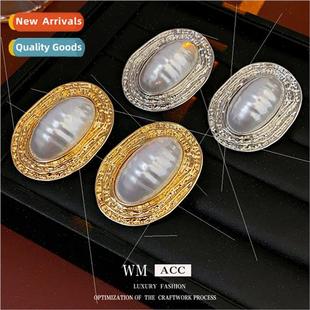 lver pin pleated oval pearl metal earrings French vintage ea