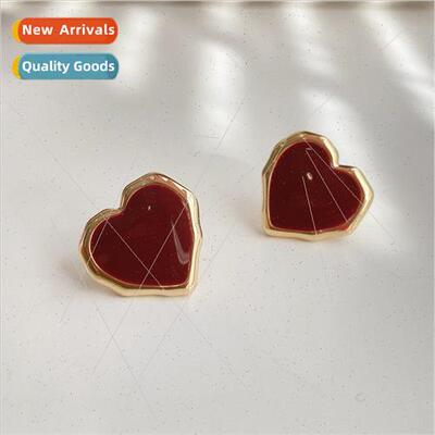 925 silver needle romantic French red heart colored glaze ea