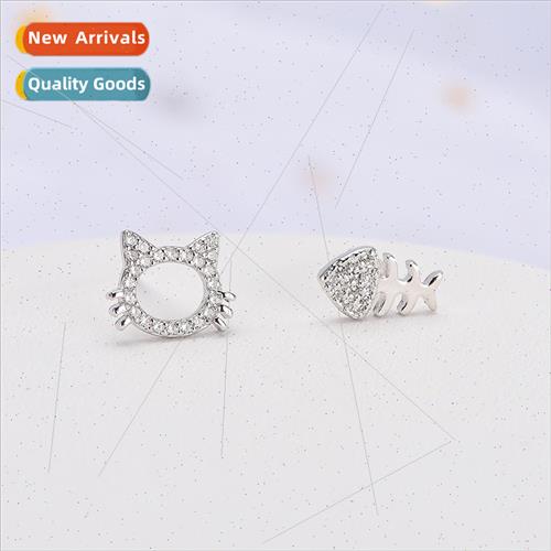 S925 silver cartoon animal Korea earrings cat fish bone earr