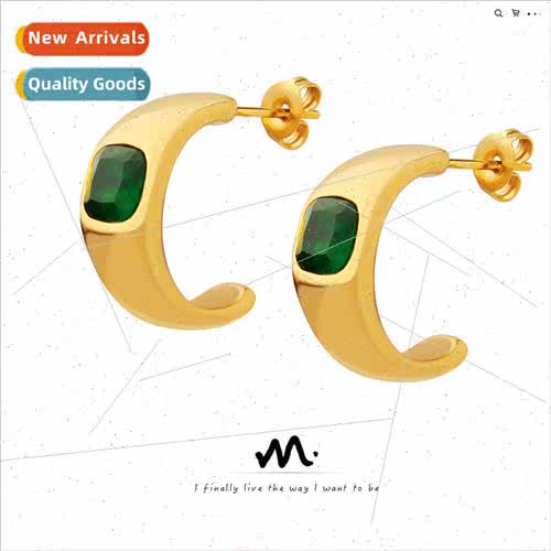 che C-shaped green zirconia earrings tanium steel gold-plate