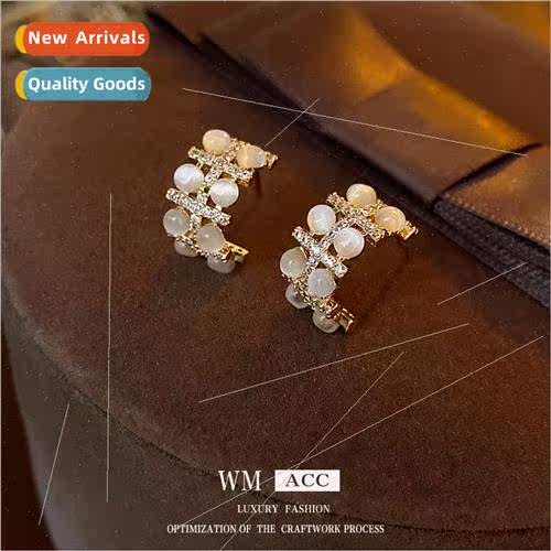 lver-plated needle zirconia C-shaped earrings French elegant