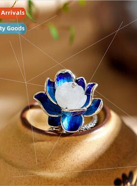 Fashion Lotus Ring Burnt Blue Open HJewelry Ethnic Costume A