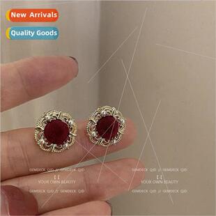 velvet pear French burgundy female niche earrings retro stud