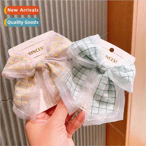Children plaid bow hair clips girl heart simple mesh fabric