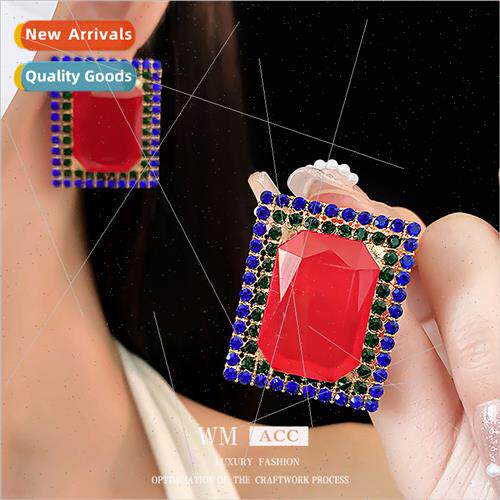 Earrings silver pin wh diamonds red square metal earrings re