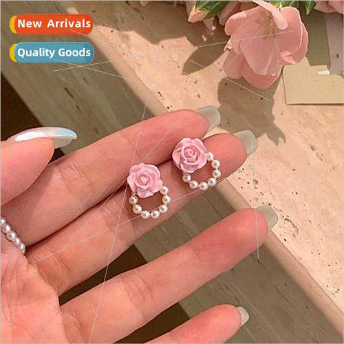 Pink flowers pearl earrings new 2023 tide earrings female ni