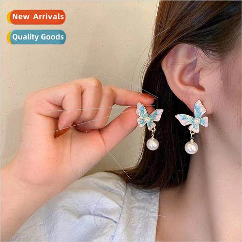 Vintage French drip glaze butterfly pearl earrings silver pi
