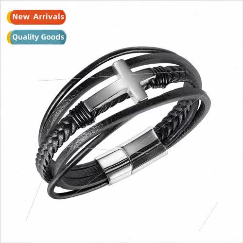 Europe Vintage Cross Stainless Steel Leather Bracelet Hip Ho