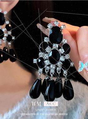 lver pin set diamond oval black drop earrings French fashion