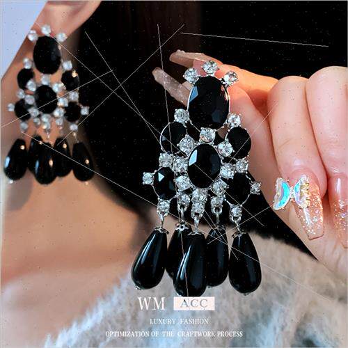 lver pin set diamond oval black drop earrings French fashion