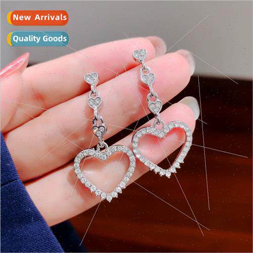 Tassel big heart 925 silver pin earrings female zirconia Kor