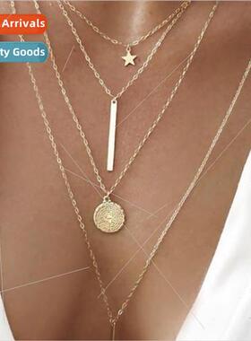 Vintage pentagram long rod pendant multi-layer necklace Euro