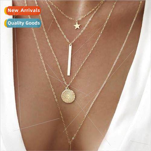 Vintage pentagram long rod pendant multi-layer necklace Euro