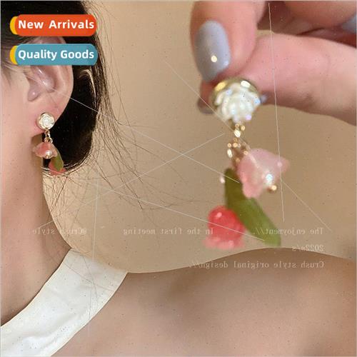 New red rose flower resin earrings female summer niche earri