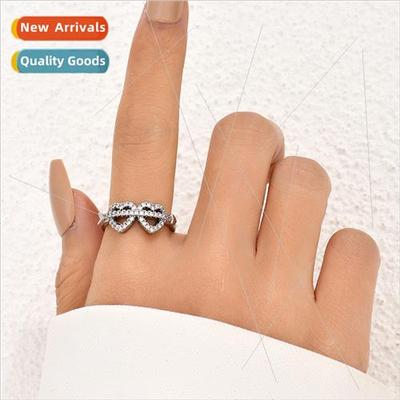 Love Cupid Arrow Double Heart Zirconia Ring Wedding B适用Wom
