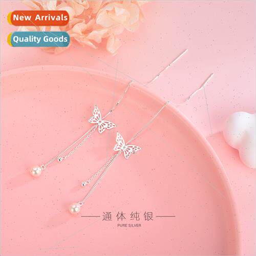 s925 silver Korea inlaid beads hollow butterfly earrings Mor