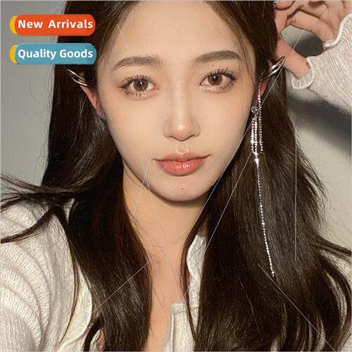 Asymmetrical zirconia tassel earrings stud ear bone clip one