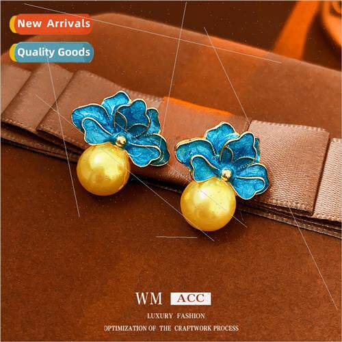 Earrings Flower Pearl Drip Oil lver Pin Earrings Fashion Fre